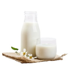 Bouteille et tasse de lait.