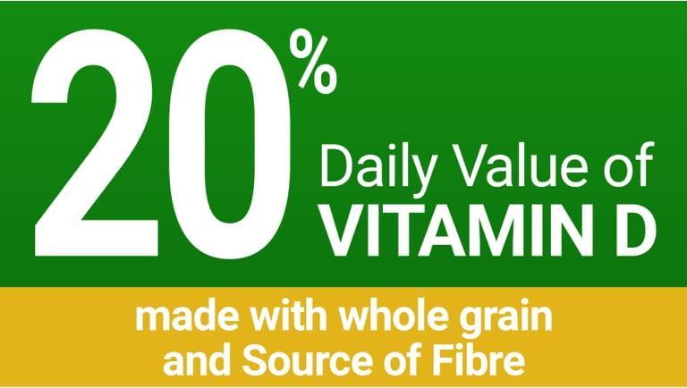 Nutrition Content Claims: 20% Daily Value of VITAMIN D made with whole grain and Source of Fibre