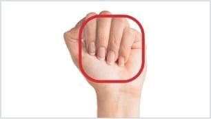 Fisted hand facing palm forward. Square with round edges drawn over hands.