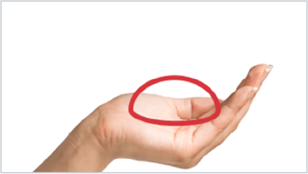 Creux d’une main avec doigts sur le dessus. Demi-cercle dessiné au-dessus du creux d'une main.
