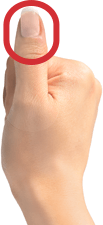 Fisted hand with thumb sticking up + square oval drawn over thumb tip